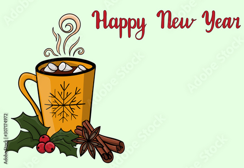 New year banner with copy space. Background with yellow mug of hot drink with marshmallow. Atmospheric winter hot drink with Holly berries,cinnamon, star anise.