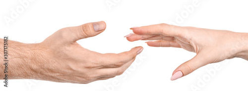 Female and male caucasian hands isolated white background showing gesture reach for each other with fingers, love. woman and man hands showing different joint gestures
