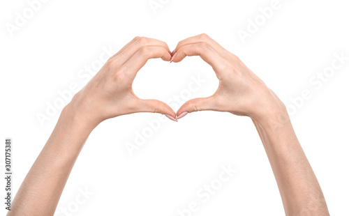 Female caucasian hands  isolated white background showing  gesture heart  love. woman hands showing different gestures