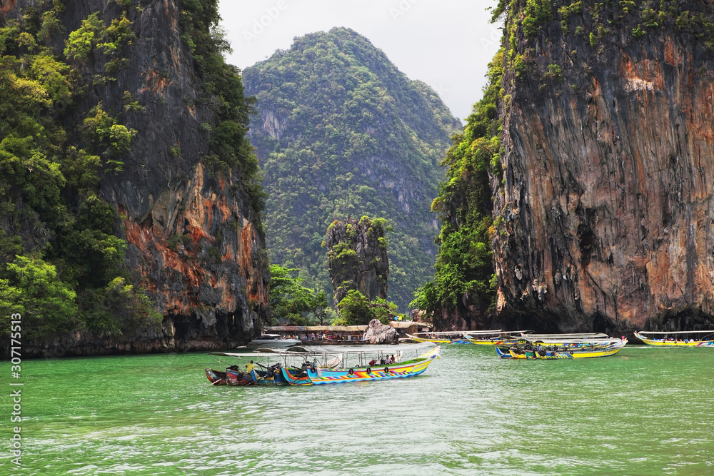 View of the bay with boats. James Bond Island. Thailand.