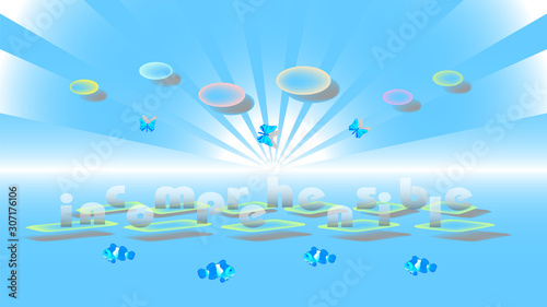 Abstract landscape with clouds and rays on a blue background. Inscription of translucent letters incomprehensible and fish with butterflies EPS10