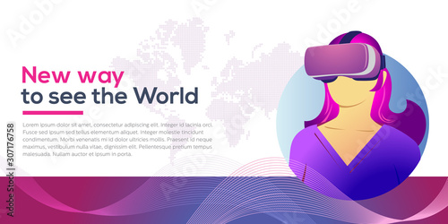 Virtual reality technology landing page template with Female wearing VR goggle
