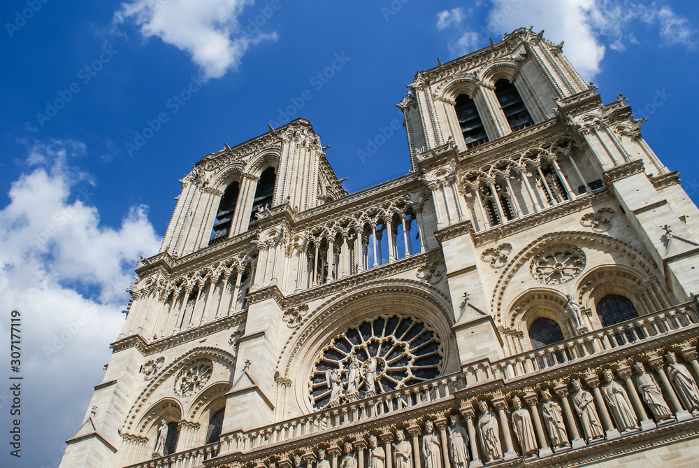 Facade of the two towers of the Notre Dame Cathedral, Paris, France