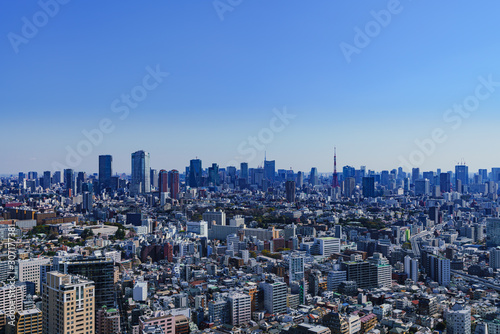 都市風景 東京 関東 日本 パノラマ ハイアングル 鳥瞰図 快晴 青空 都市 ビジネス 不動産 首都