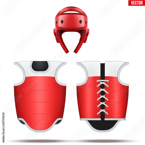 Taekwondo equipment set. Helmet with bodyguard. Front and back view. Red Color. Fighting Sport Equipment. Editable Vector illustration Isolated on white background.