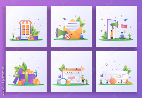 Set of flat design concept. Cash back, Email marketing, Refer a friend, Earn point, Planning schedule, Investment. Can use for web landing page, ui, mobile app, banner template. Vector Illustration