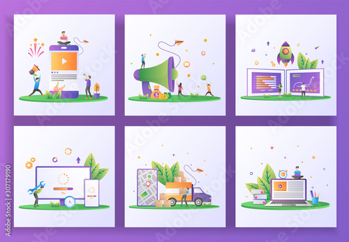 Set of flat design concept. Social media marketing, Refer a friend, Startup business, Updating system, Delivery service, E-Learning. Can use for web landing page, banner template. Vector Illustration