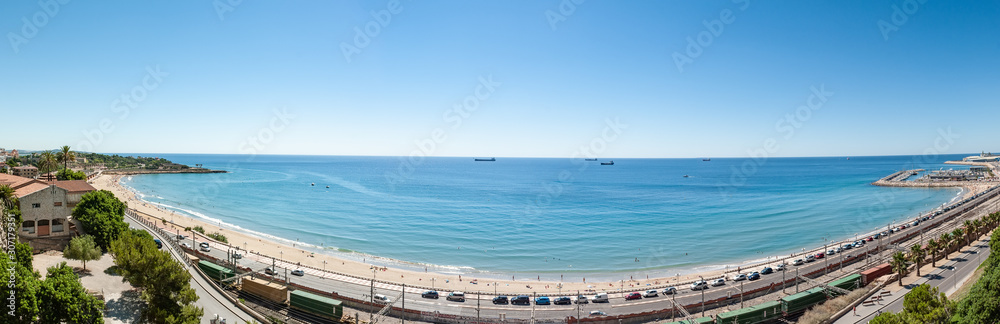 Playa del miracle beach in Tarragona, Spain. The photo was taken on the famous balcony of the Mediterranean. Panorama