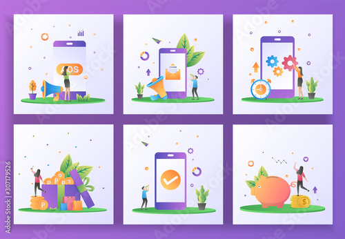 Set of flat design concept. Advertising, Digital marketing, Mobile app update, Earn point, Application Check, Saving money. Can use for web landing page, ui, app, banner template. Vector Illustration