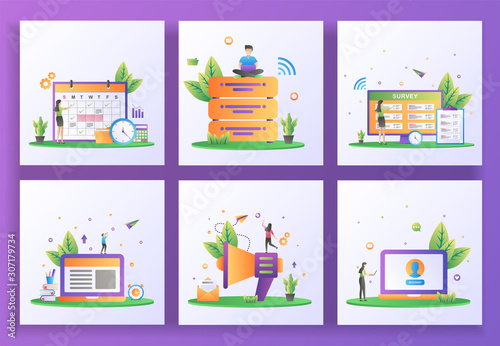 Set of flat design concept. Planning schedule, Big data, Online survey, E-Learning, E-mail marketing, User Account. Can use for web landing page, ui, mobile app, banner template. Vector Illustration