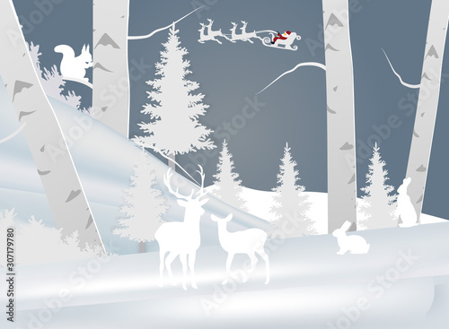 winter season and merry christmas with the animal in the forest, paper art and craft style.