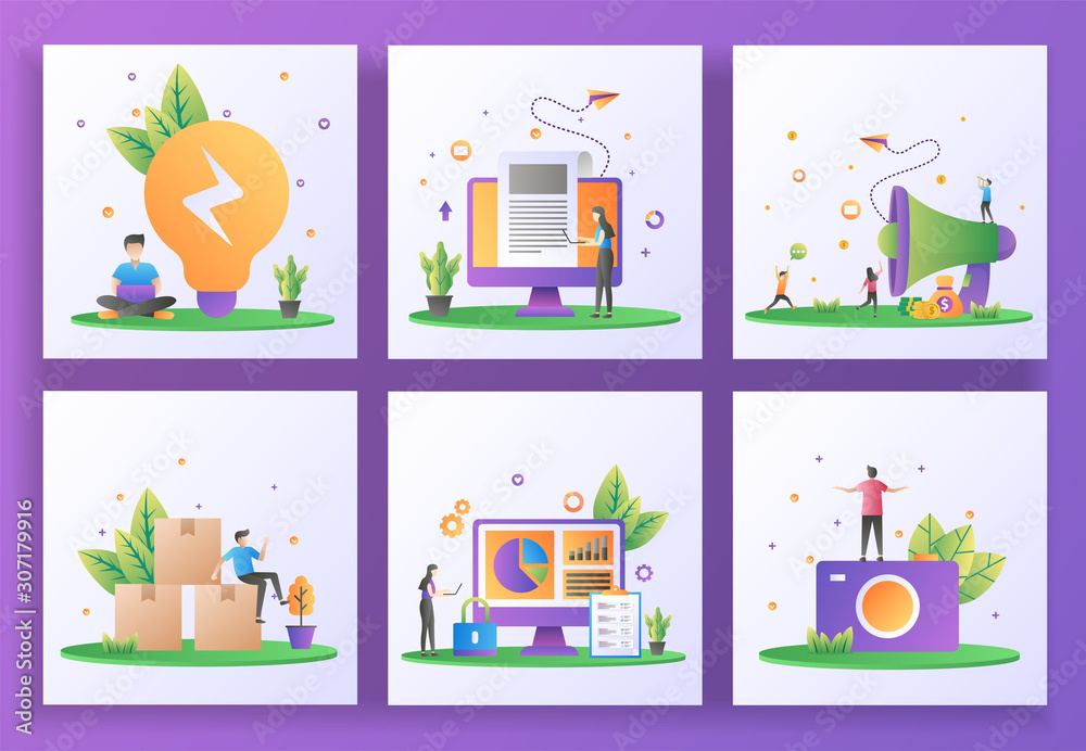Set of flat design concept. Business solution, Breaking news, Refer a friend, Distribution, Data security, Photography. Can use for web landing page, mobile app, banner template. Vector Illustration