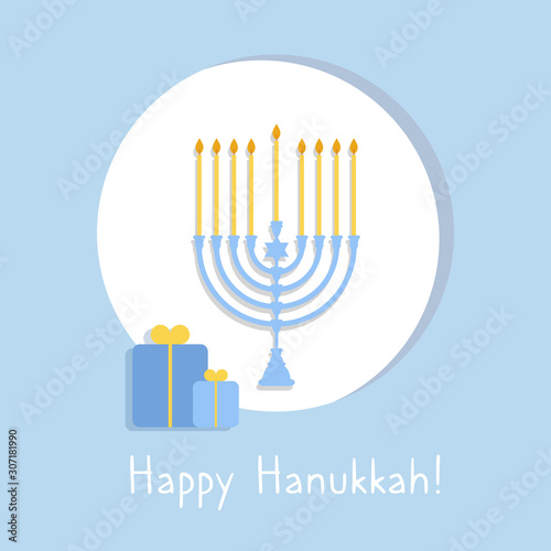 Happy Hanukkah Greeting card with menorah, candlesgifts and David star. Vector illustration for Jewish holidays.