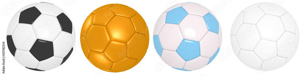 Set of soccer ball with classic design isolated different positions on background with clipping path. highly detailed resolution for creative concept & spot,website,banner, promote, product 3d render - obrazy, fototapety, plakaty 