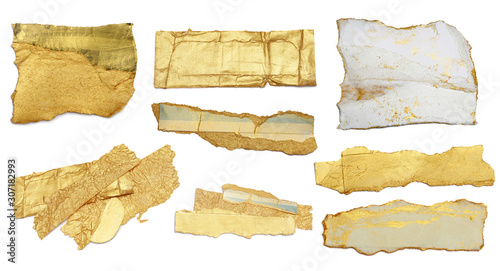 Torn piece of paper with light shadow on white background. Gold and bronze color.