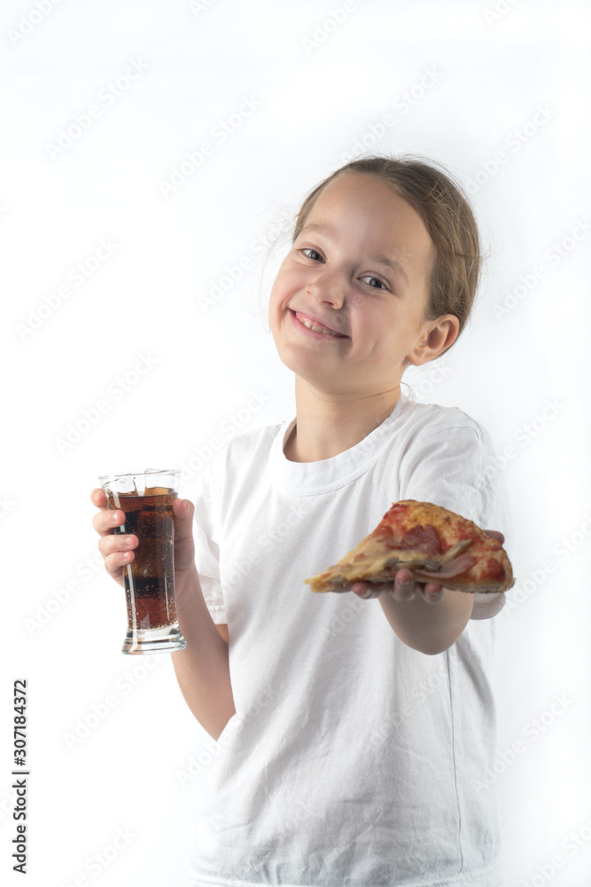 young girl eating pizza and drinking an ice drink young girl eating pizza and drinking an ice drink