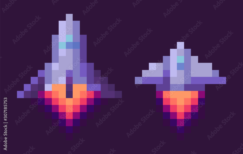 Pixel game vector, isolated set of spaceship run of fuel, outer space ...
