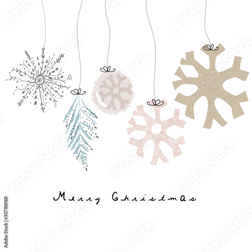 Merry Christmas cute greeting card or banner template with different winter holidays xmas tree hanging decorations. Beautiful fairy background  elements imitating watercolor paintings