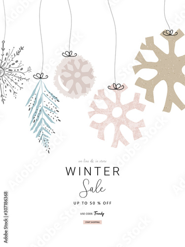 Social media banner template for advertising winter arrivals collection or seasonal sales promotion. Cute hand drawn background with Christmas tree decoration elements imitating watercolor paintings