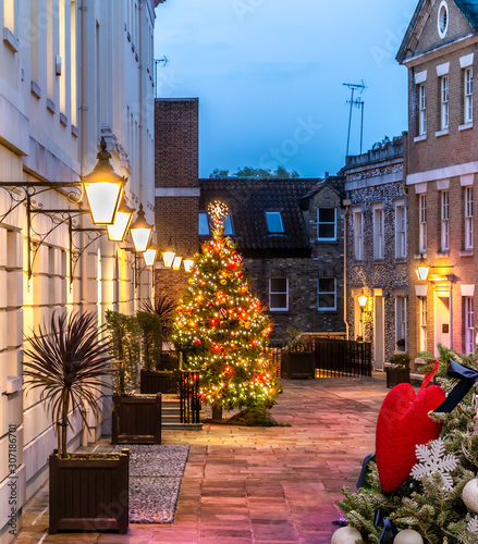 Photography Beautiful Christmas scene outdoors in a town square of Richmond village with dec