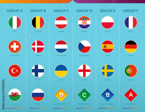 Flags of football tournament sorted by group on turquoise background