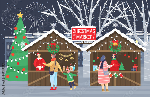 Christmas market or fair in town, people preparing for xmas. Man and woman buy sweets and cookies. Traditional holiday fir-tree, garlands and balls, sale tent. Vector illustration in flat style