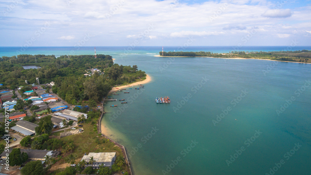 aerial view Sarasin bridge connect Phang Nga province to Phuket island. .The old bridge was renovated to be a tourist attraction and a viewpoint in the middle of the sea..
