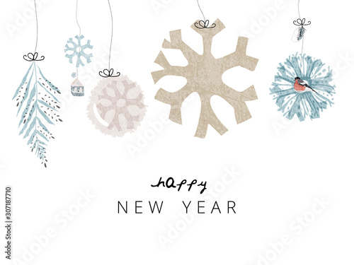 Merry Christmas cute greeting card or banner template with different winter holidays xmas tree hanging decorations. Beautiful fairy background  elements imitating watercolor paintings
