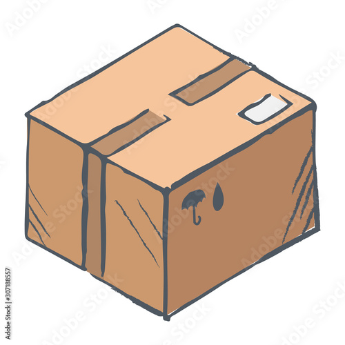 Cube shaped box, postal parcel. Delivery of online order. Sketch of carton package with purchase inside. Outline picture, brown object isolated on white background. Vector illustration in flat style