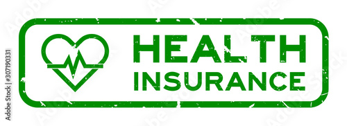 Grunge green health insurance word with heart and pulse icon square rubber seal stamp on white background
