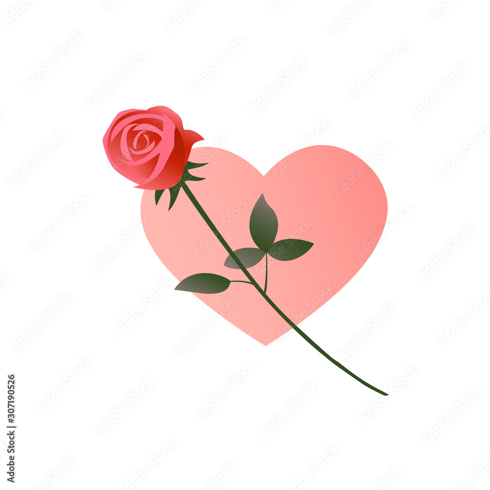 Rose on a background of a heart in love. Beautiful flower for a woman. Vector isolated romantic illustration.