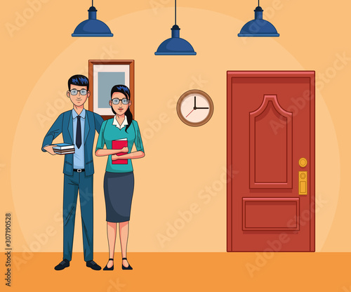 young businessman and businesswoman at office scenery