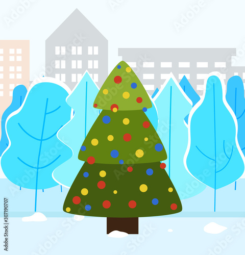 Xmas fir tree in urban winter park. Decorated spruce with colorful christmas balls on it. Traditional holiday outside decoration. Cityscape with parkland zone. Vector illustration in flat style