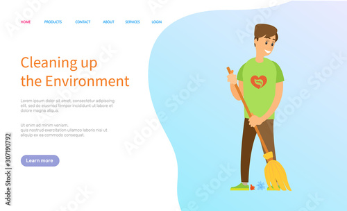 Cleaning up the environment, man activist holding broom and sweeping trash, portrait view of volunteer male with besom, person scavenging vector. Website or slider app, landing page flat style