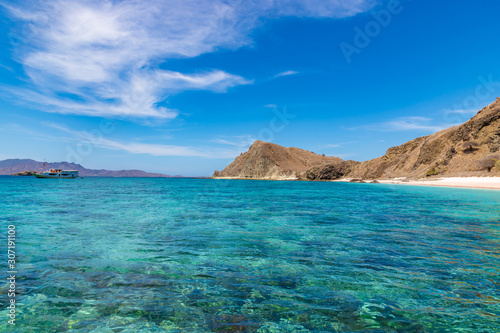 Long pink beach on Padar island with turquoise water. Deserted beach with pink sand. Komodo National park, Flores, Indonesia