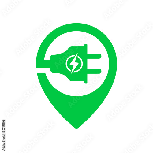 Logo for Electric car chargering station with plug icon inside location point symbol. Green charging point logotype. Vector illustration. EPS 10
