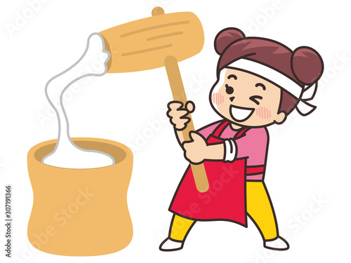 お正月に餅つきをする女の子