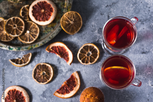 mulled wine a delicious holiday with spices from orange cinnamon and star anise. Traditional hot drink © Александр Захаров
