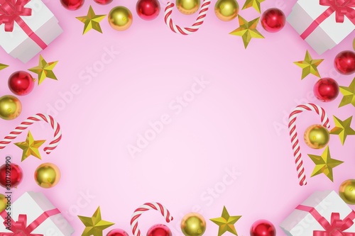 Top view Christmas and New Year pink background with copy space frame, 3d rendering.