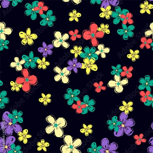 Background pattern of many different small flowers and plants on a dark background. Seamless vector illustration. Design print for textiles
