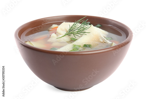 Delicious fish soup in bowl isolated on white