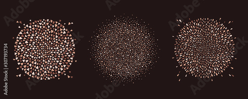 Coffee, chocolate brown round backgrounds set, collection. Sphere shape, circle made of drops, uneven dots, hearts splash, tiny blobs. Radial coffee shop, cafe frame, border template, design elements.