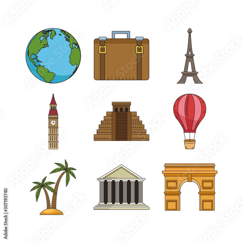travel and monuments of the world icon set