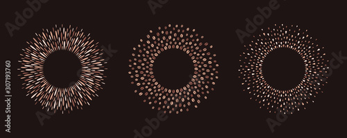 Coffee, chocolate brown round frames set, collection. Ring shape, circle made of drops, uneven dots, coffee beans, tiny blobs. Radial coffeeshop, cafe templates, design elements, text backgrounds.