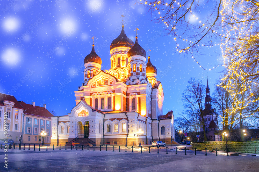 Russian Orthodox Alexander Nevsky Cathedral and Christmass illuminated at night, Tallinn, Estonia
