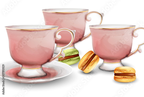 Pink watercolor tea cups with macaroon sweets. Vector