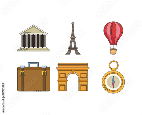 travel and monuments of the world icon set, colorful design