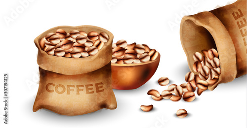 Coffee beans in gunny sack. Watercolor vector