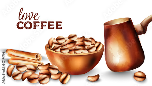 Coffee beans in a tray, cinnamon sticks and cooper turkish coffee pot. Watercolor vector