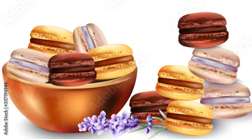 French macaroon sweets in tray. Lavender flower decorations. Watercolor vector